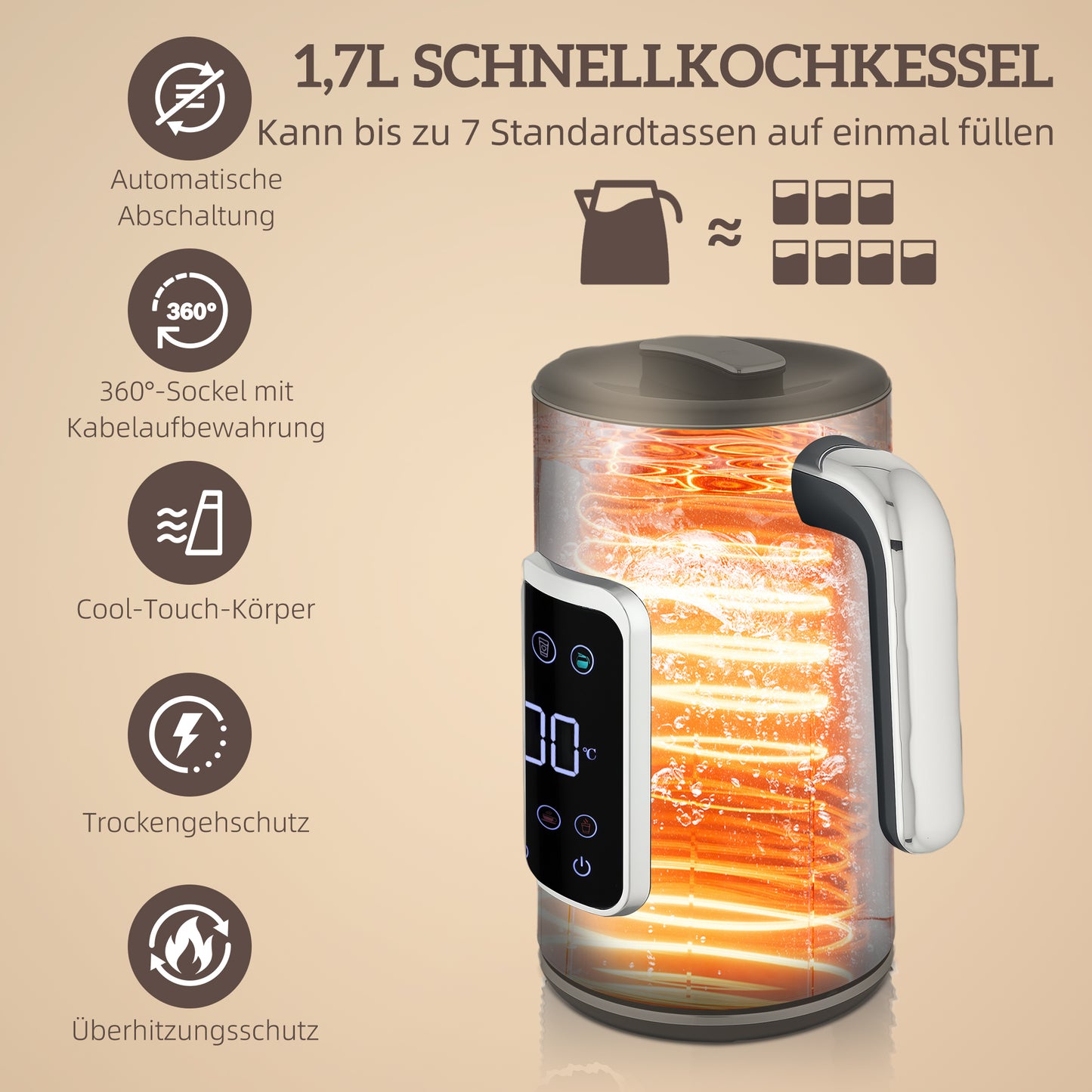 Elektrischer Wasserkocher & Toaster-Set 1,7L LED-Touchscreen Schwarz/Creme