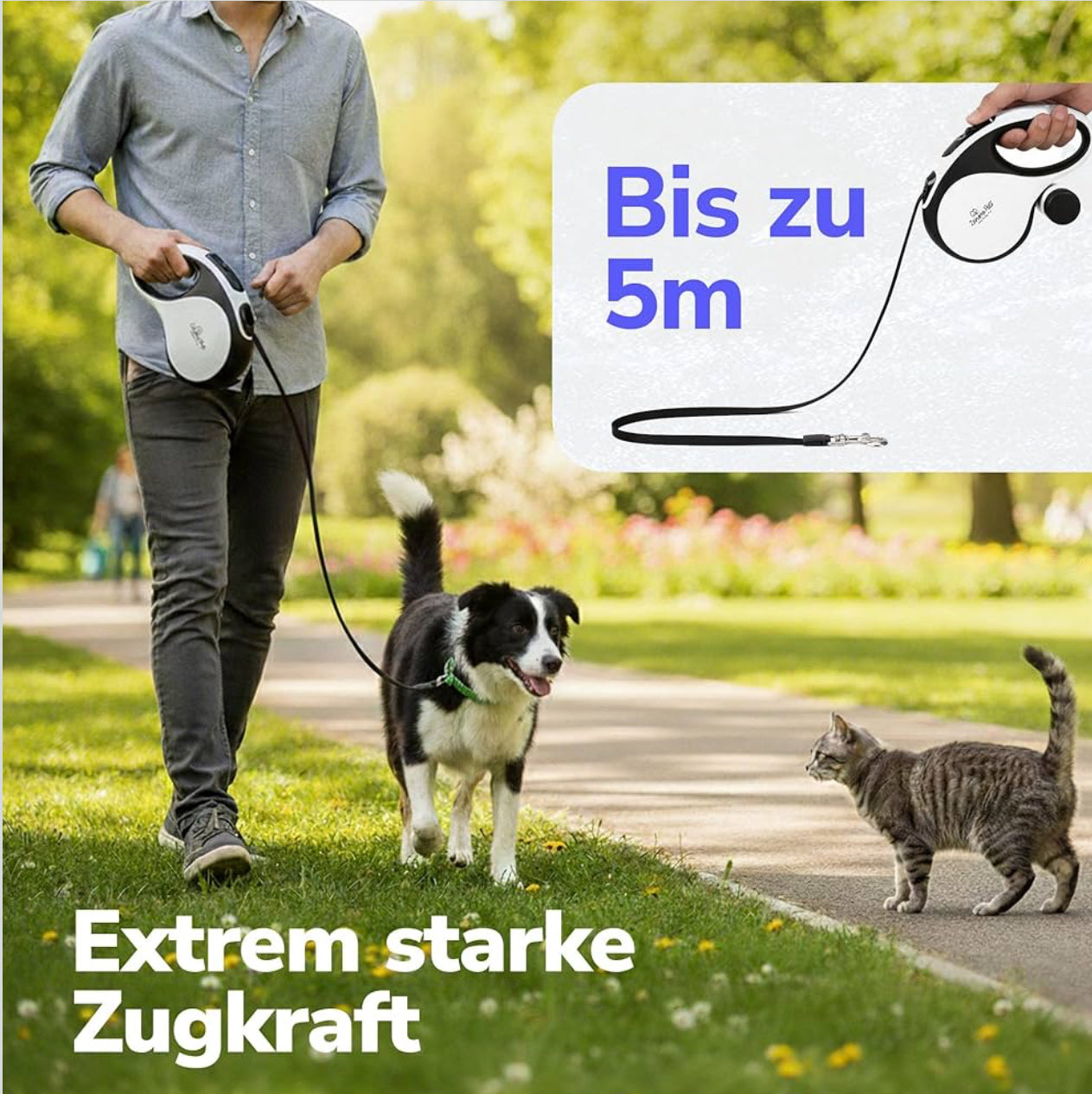 Hunde Rollleine 5m mit Kotbeutelhalter | Schnellbremse, rutschfest bis 30kg