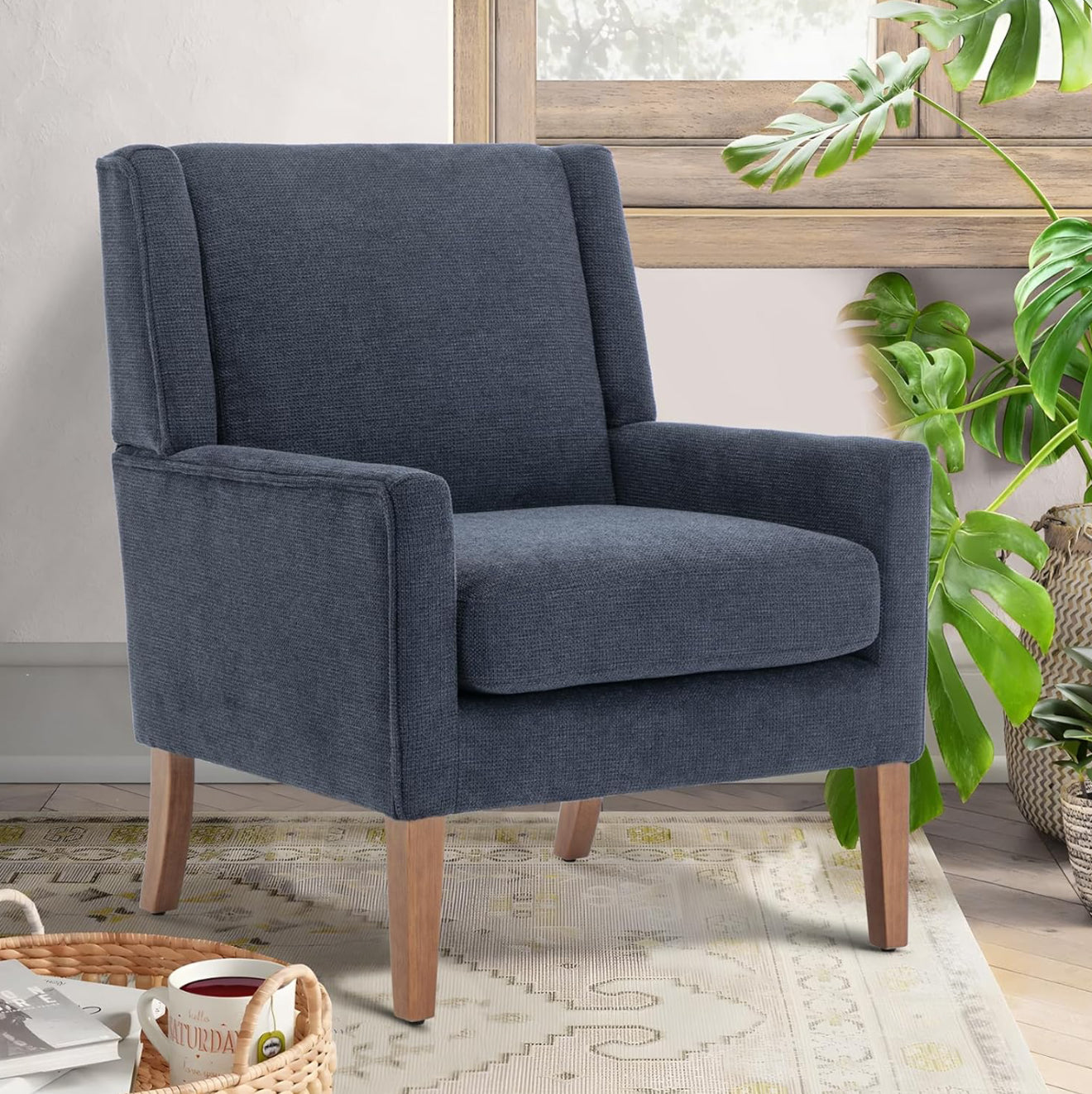 Moderner Akzentstuhl in Beige, Blau, F Blau & Hellgrau – Ergonomisch gepolstert, mit Holzfüßen, hoher Rückenlehne & 150 kg Tragkraft