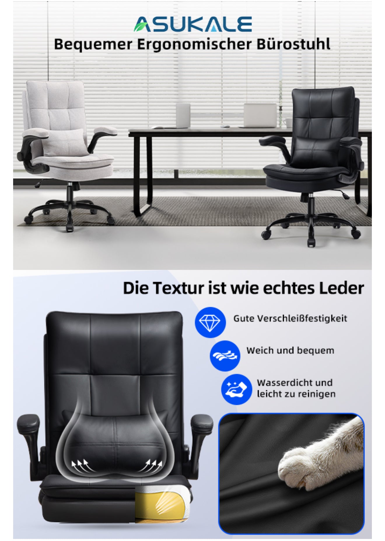 Ergonomischer Bürostuhl | Kratzfestes Kunstleder | Klappbare Armlehnen | 150 kg
