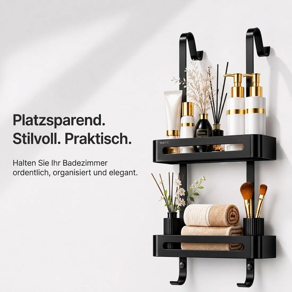Duschregal Hängend 2 Etagen Schwarz Edelstahl 74cm Ohne Bohren mit Saugnäpfen