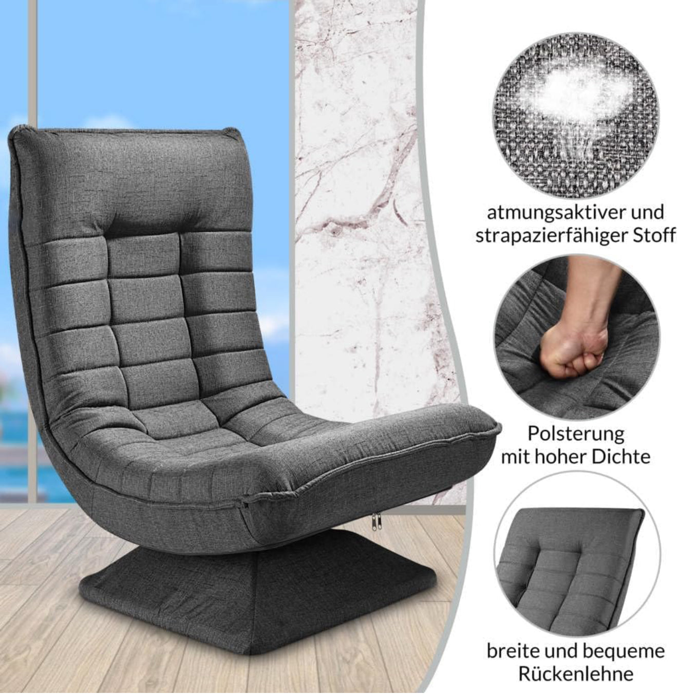 ALTIN™ Bodenstuhl – 360° Drehbar | Verstellbare Rückenlehne | Klappbares Bodensofa | Relax & Gaming Sessel in Grau/Schwarz