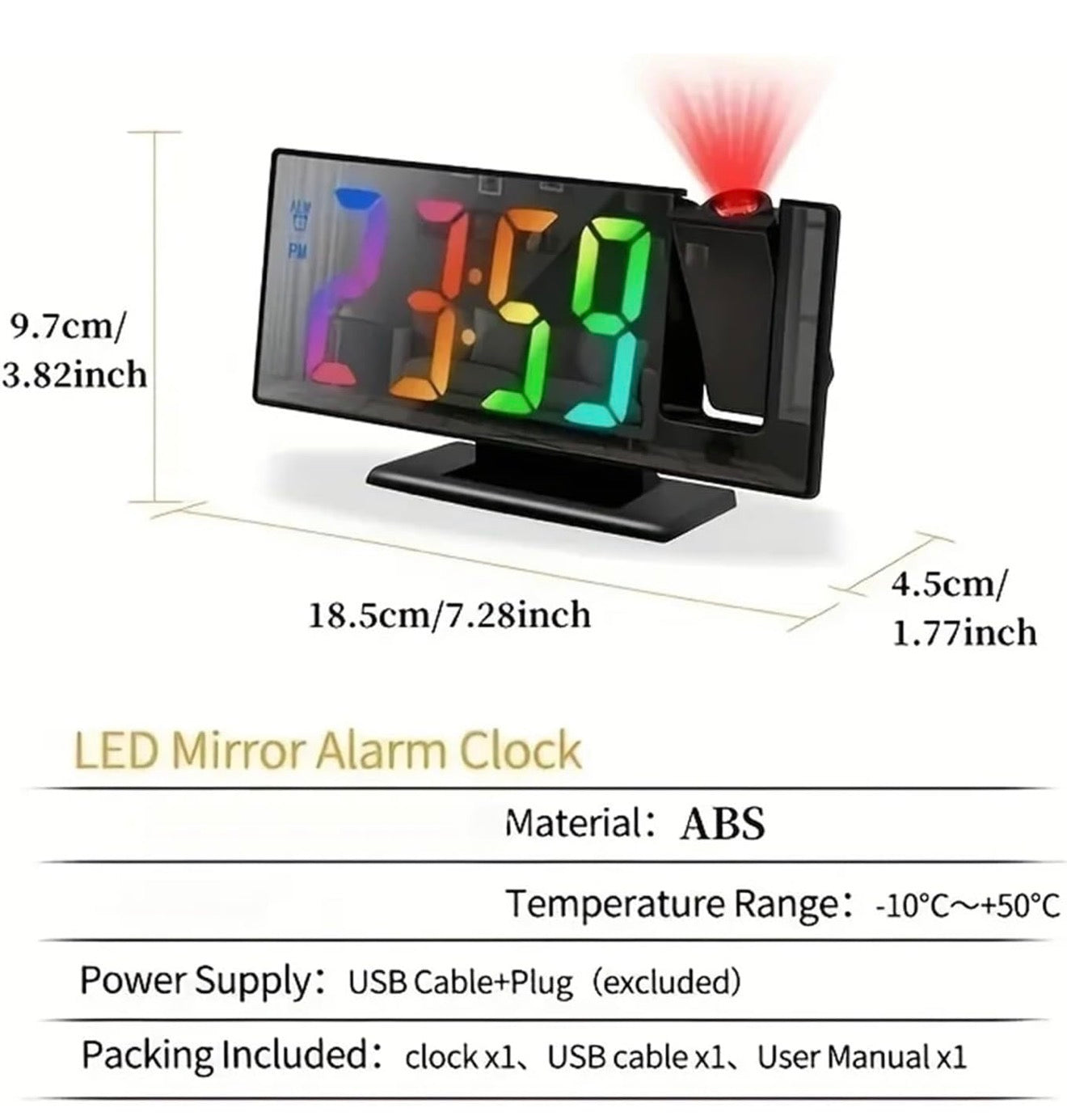 LED-Spiegel-Projektionswecker, Temperatur, Nachtmodus, USB, Snooze-Funktion