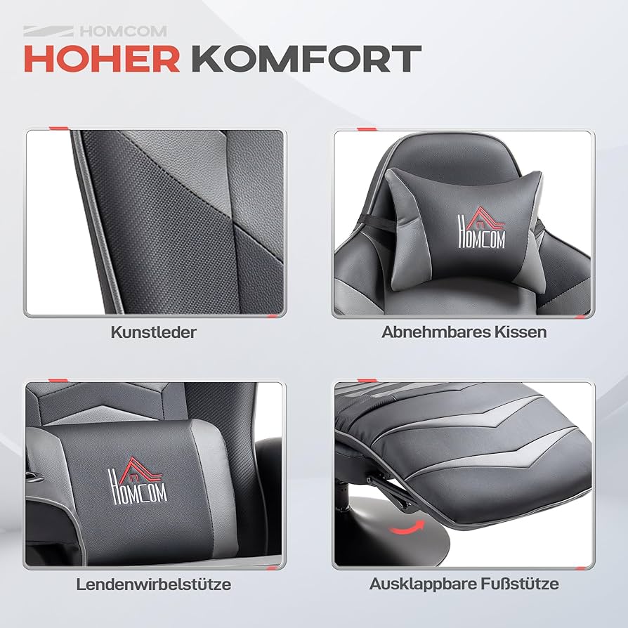 Gaming Massagesessel mit Fußstütze, 150° Lehne, Grau , Rot ,