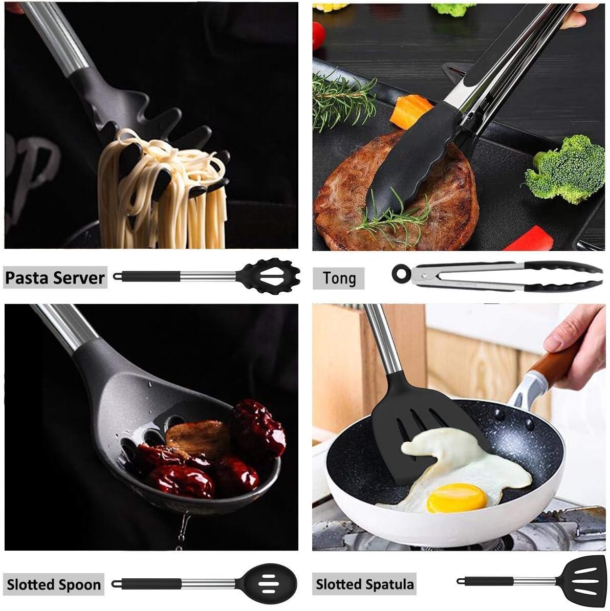 Umite Chef 15-teiliges Silikon Küchenhelfer Set Kochutensilien Schwarz