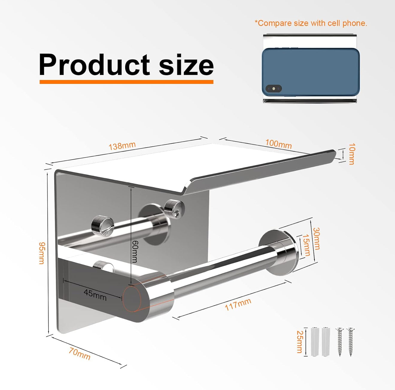 2X Toilettenpapierhalter Edelstahl mit Ablage, Selbstklebend oder Bohren, Silber