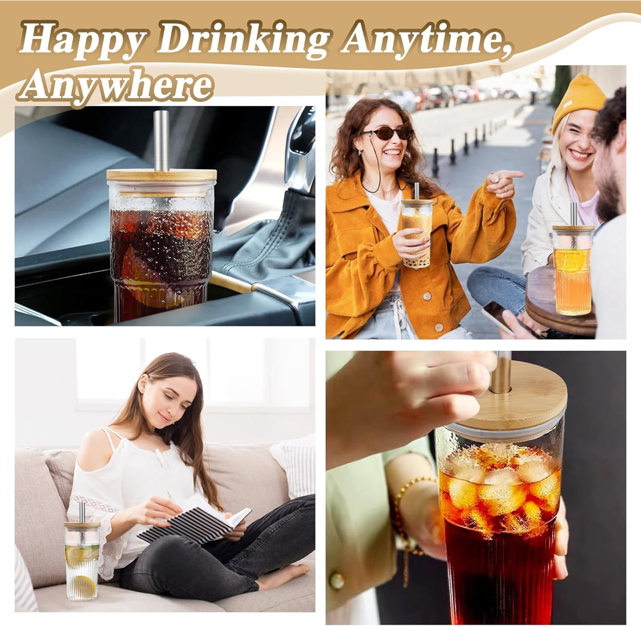 2x 600ml Boba Cup Glas Trinkbecher mit Bambusdeckel & Edelstahl Stronhalm Set