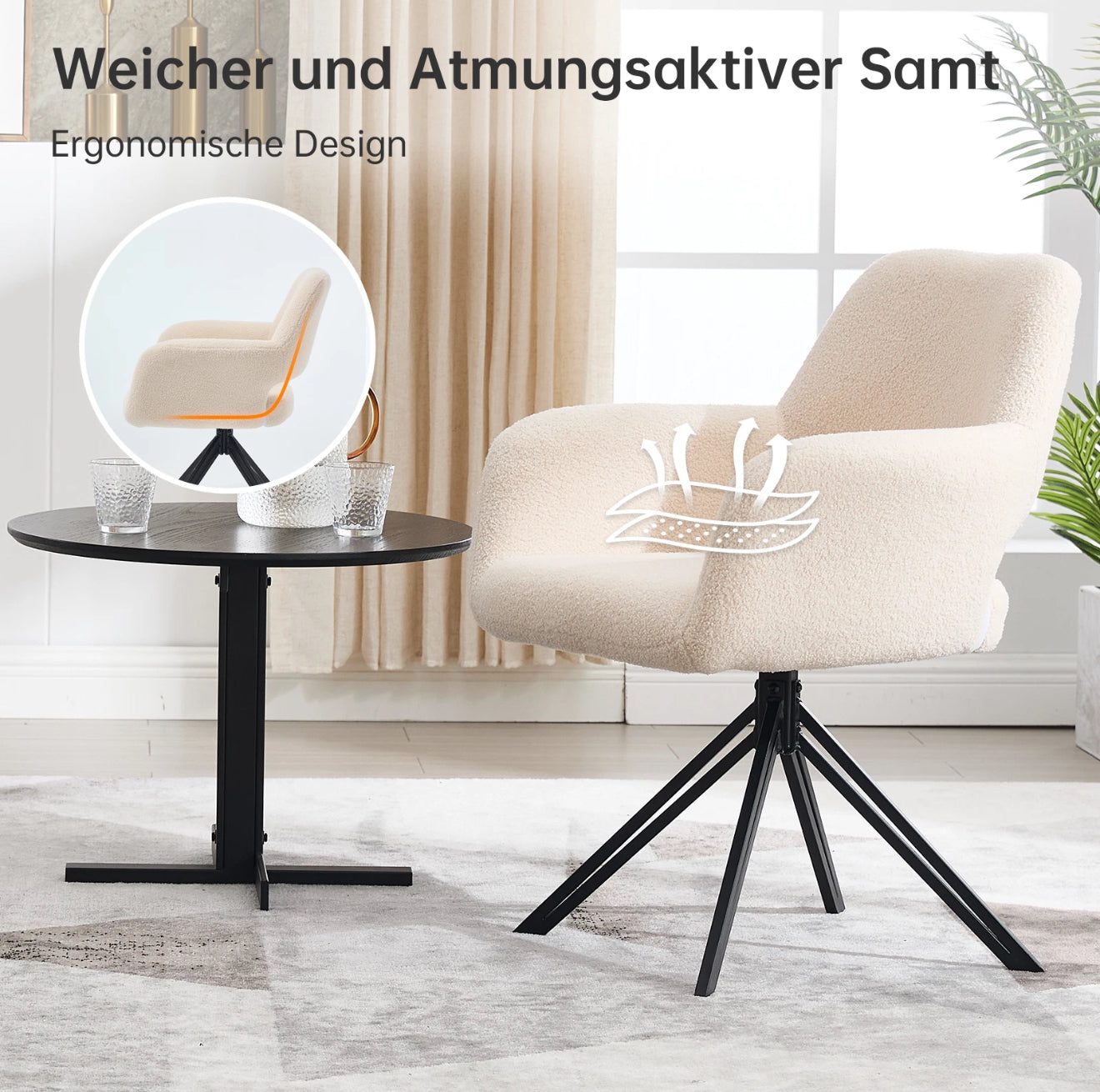 2er Set Drehbare Esszimmerstühle aus Teddy-/Bouclé-Stoff – 180° Selbstrückstellung, Komfort & Stil – Schwarz oder Weiß – Kostenloser Versand