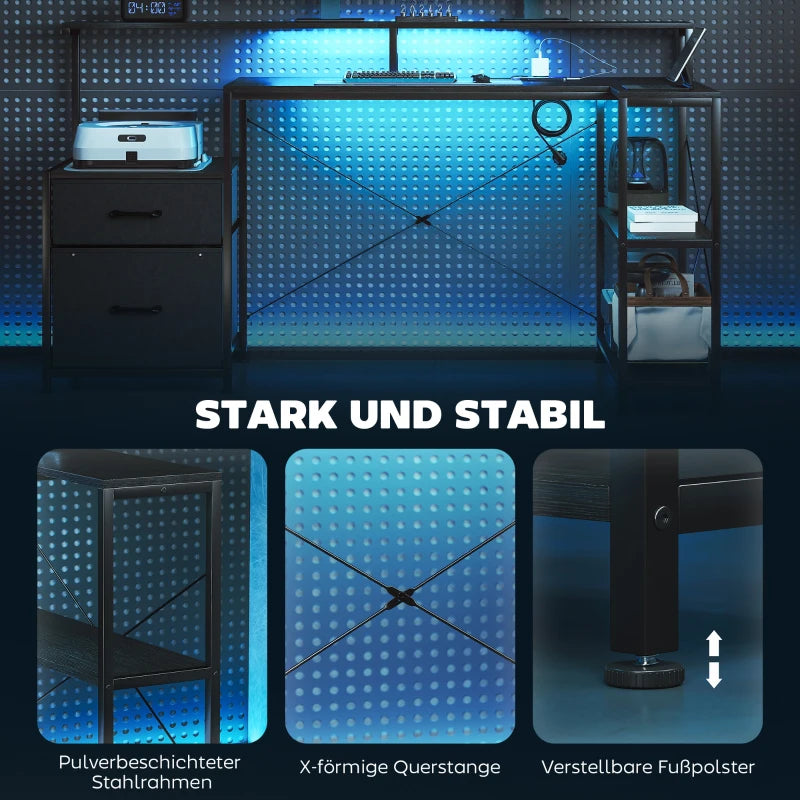 L-förmiger Gaming-Schreibtisch mit LED, Steckdosen & Monitorablage