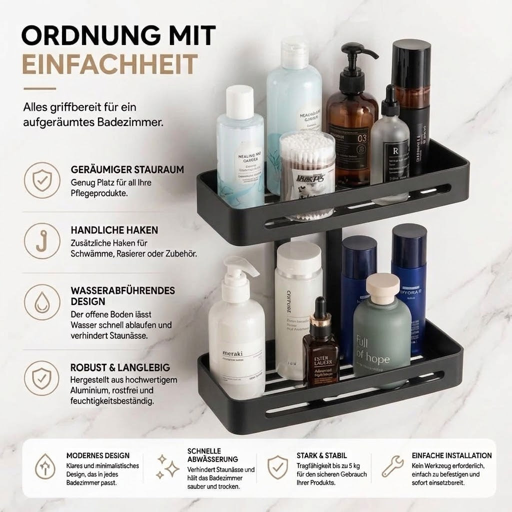 Duschregal Hängend 2 Etagen Schwarz Edelstahl 74cm Ohne Bohren mit Saugnäpfen