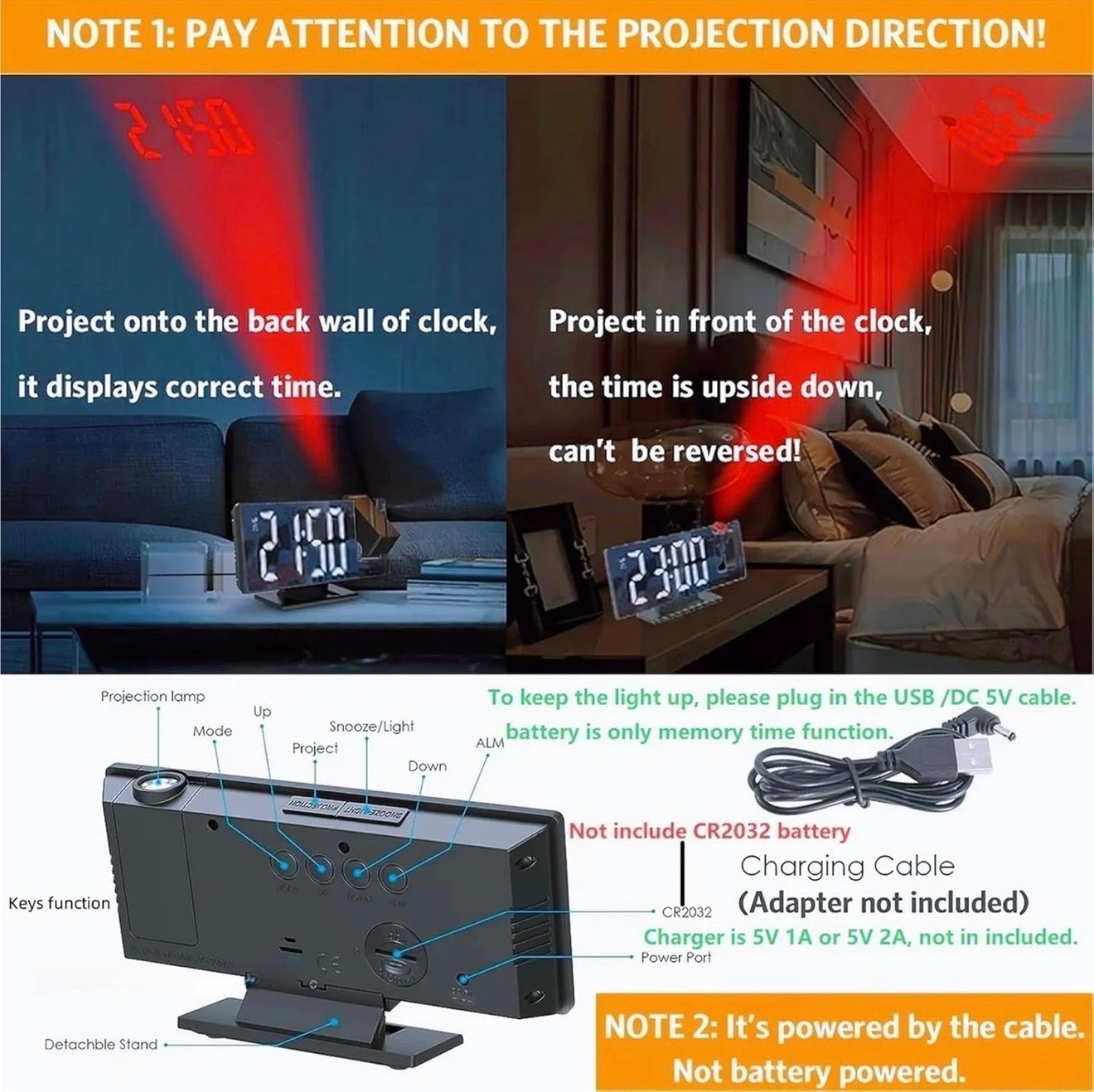 LED-Spiegel-Projektionswecker, Temperatur, Nachtmodus, USB, Snooze-Funktion