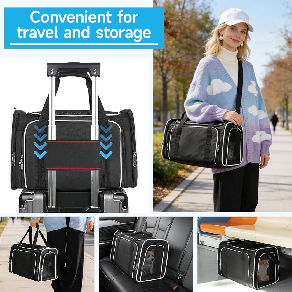 Erweiterbare Haustier Transporttasche Katze Hund Flugzeug Reisetasche Schwarz 40cm