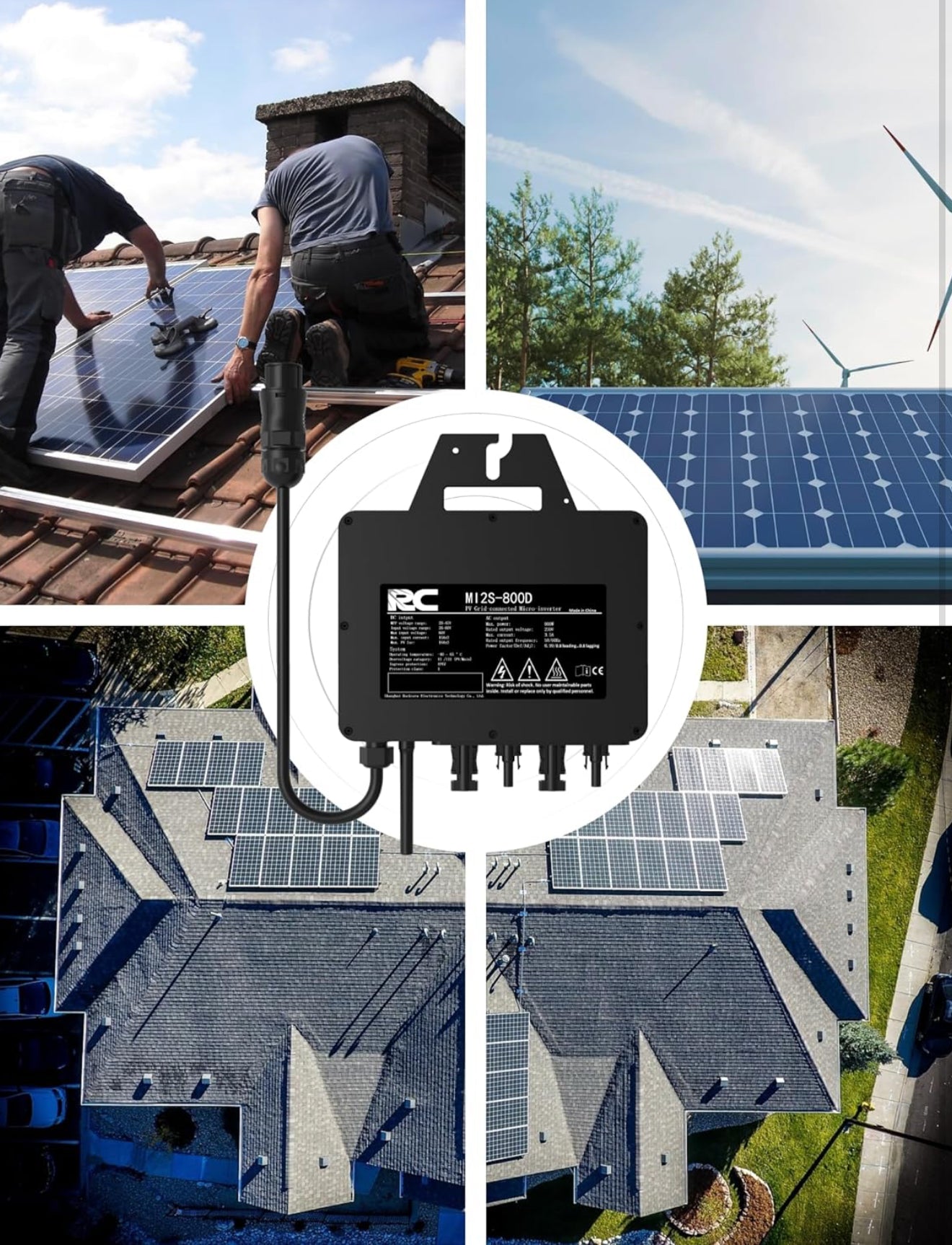 RC Mikroinverter 800W Solar Wechselrichter, 26–60V DC, MPPT, WiFi/Bluetooth, IP67, Balkonkraftwerk