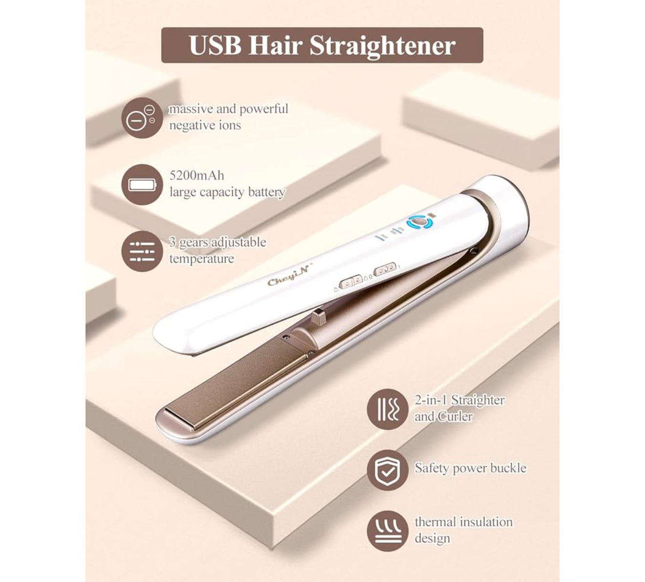 Kabelloses Glätteisen & Lockenstab 2-in-1 – Mini Haarglätter mit Keramikplatten, 5200 mAh Akku, USB-Aufladung, 3 Temperaturstufen – Für glattes & welliges Haar, Ideal für Reisen – Weiß