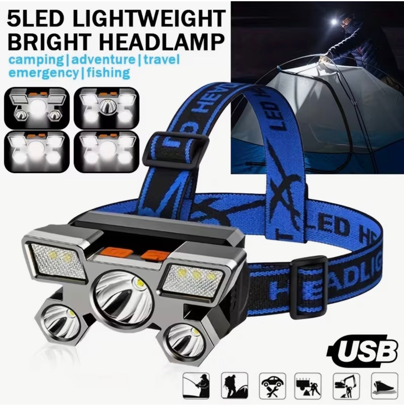 USB Wiederaufladbare LED Stirnlampe, 5LED & Sensor, Zoom, Camping, Angeln & Outd