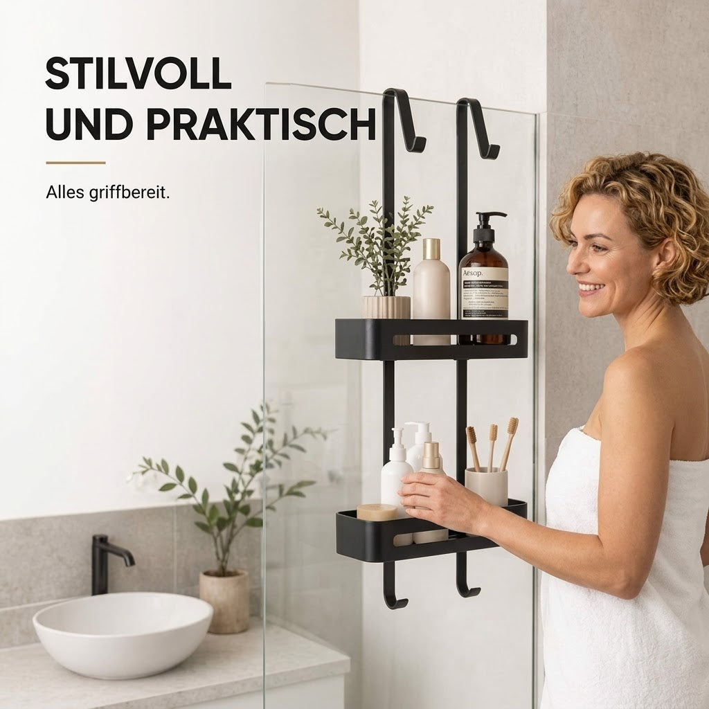 Duschregal Hängend 2 Etagen Schwarz Edelstahl 74cm Ohne Bohren mit Saugnäpfen