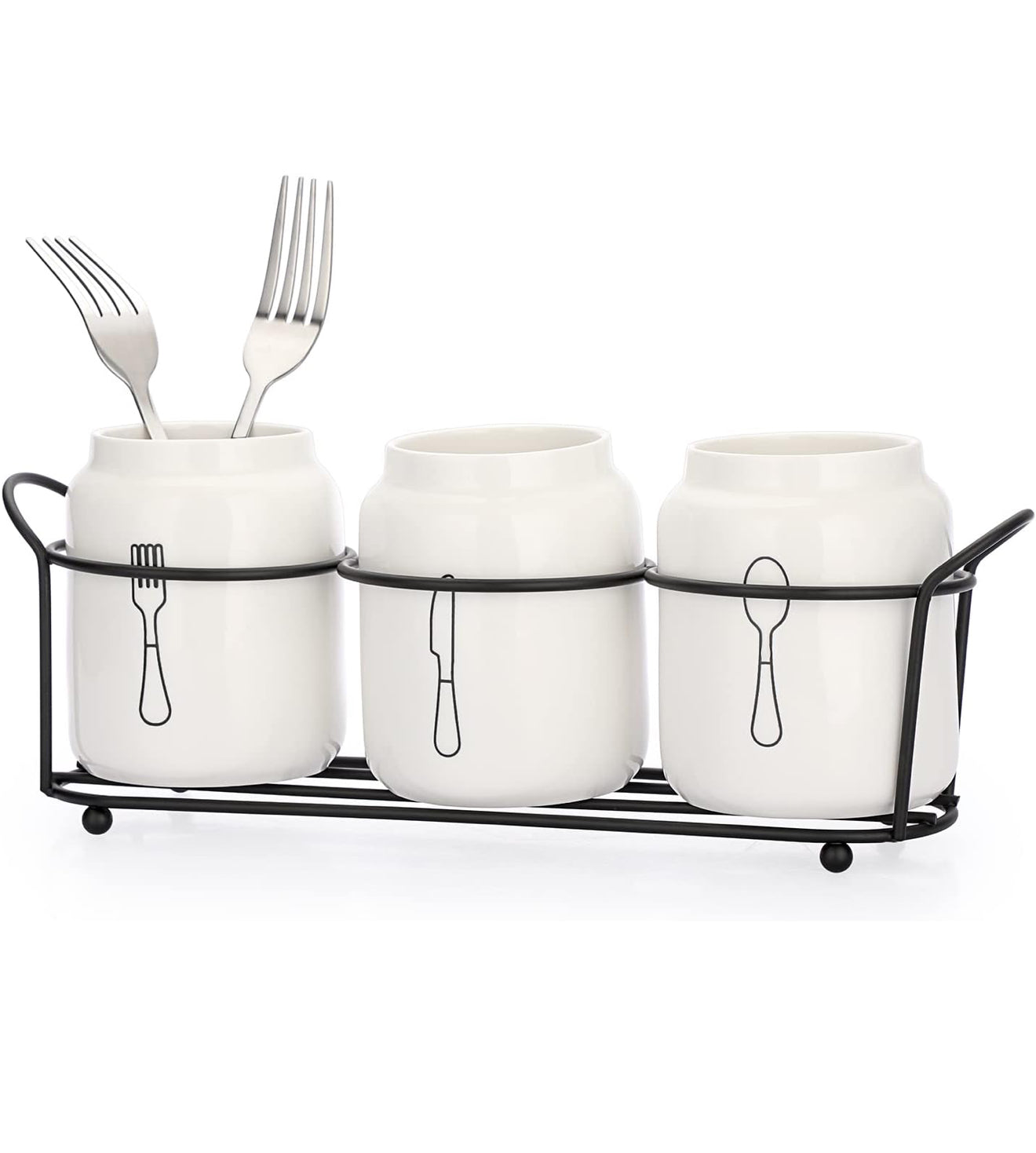 Besteckhalter aus Keramik 🥄 Gabel Messer Löffel + Metallständer Weiß Küche