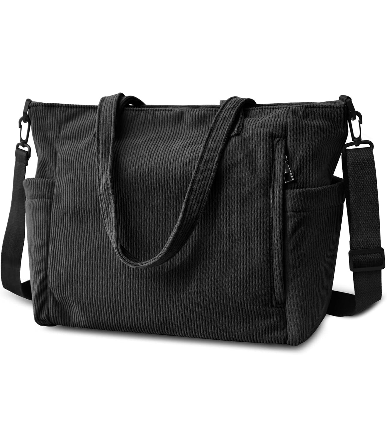 Cord Shopper Schultertasche Hobo Groß Schwarz/Beige mit Reißverschluss + Schlüsselanhänger