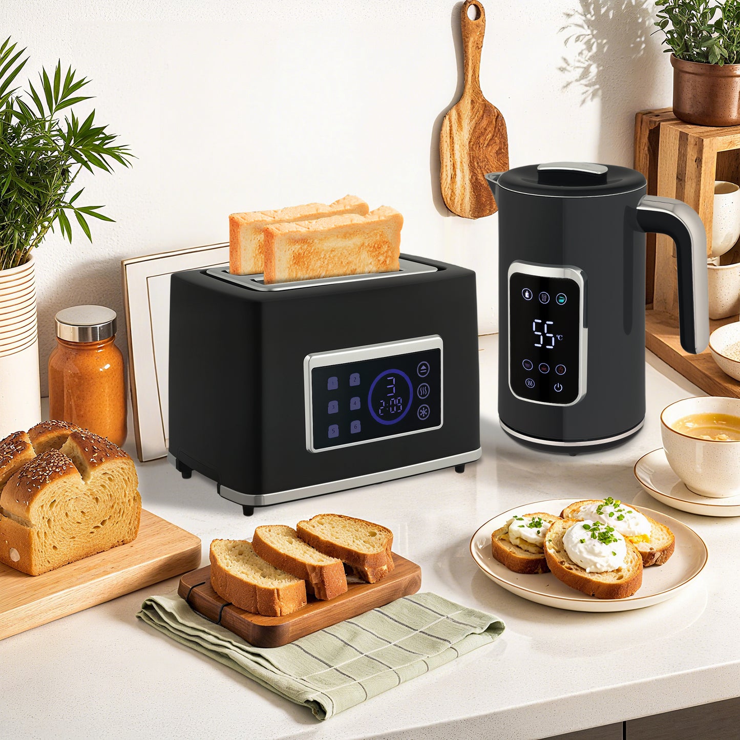 Elektrischer Wasserkocher & Toaster-Set 1,7L LED-Touchscreen Schwarz/Creme