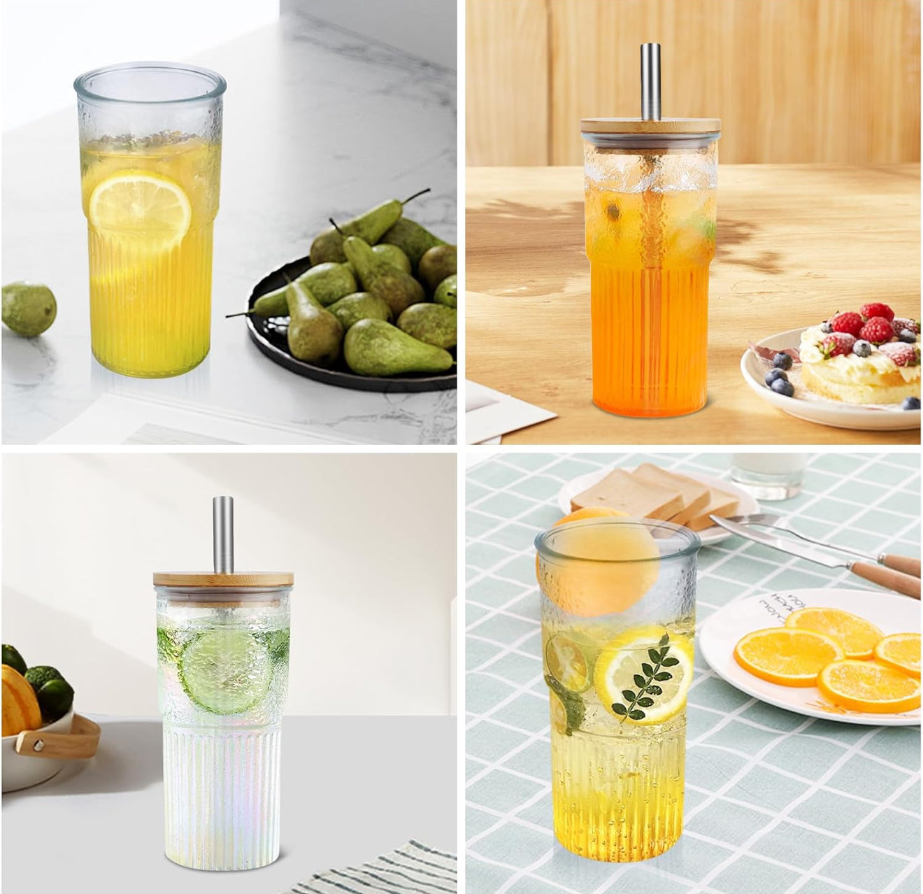 2x 600ml Boba Cup Glas Trinkbecher mit Bambusdeckel & Edelstahl Stronhalm Set