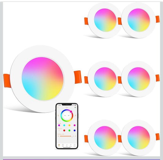 HYDONG Smart LED Einbaustrahler 8W, 230V, Ø68mm, IP44, Alexa kompatibel, RGB + Warmweiß, Bluetooth, dimmbar, Set 6 Stück