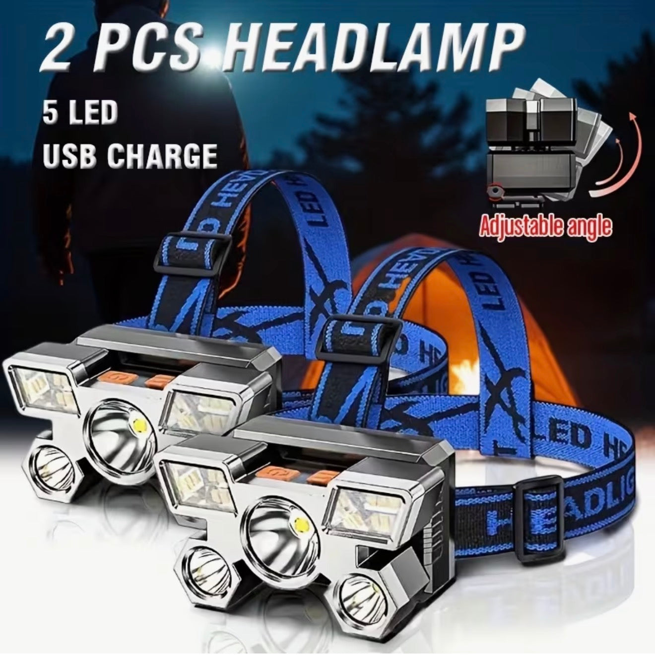 USB Wiederaufladbare LED Stirnlampe, 5LED & Sensor, Zoom, Camping, Angeln & Outd