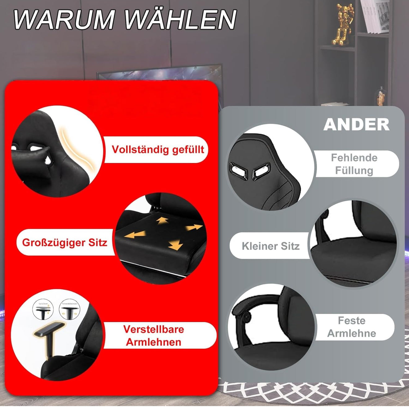 Gaming Stuhl ergonomisch | PC Stuhl, höhenverstellbar, drehbar, Fußstütze, 4 Farben