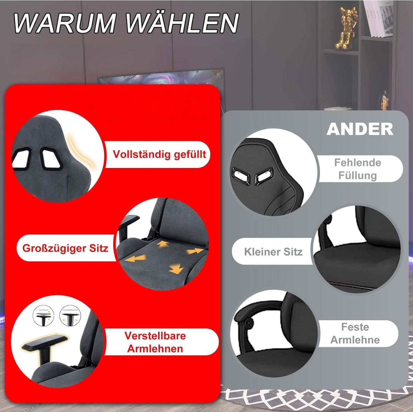Gaming Stuhl ergonomisch | PC Stuhl, höhenverstellbar, drehbar, Fußstütze, 4 Farben