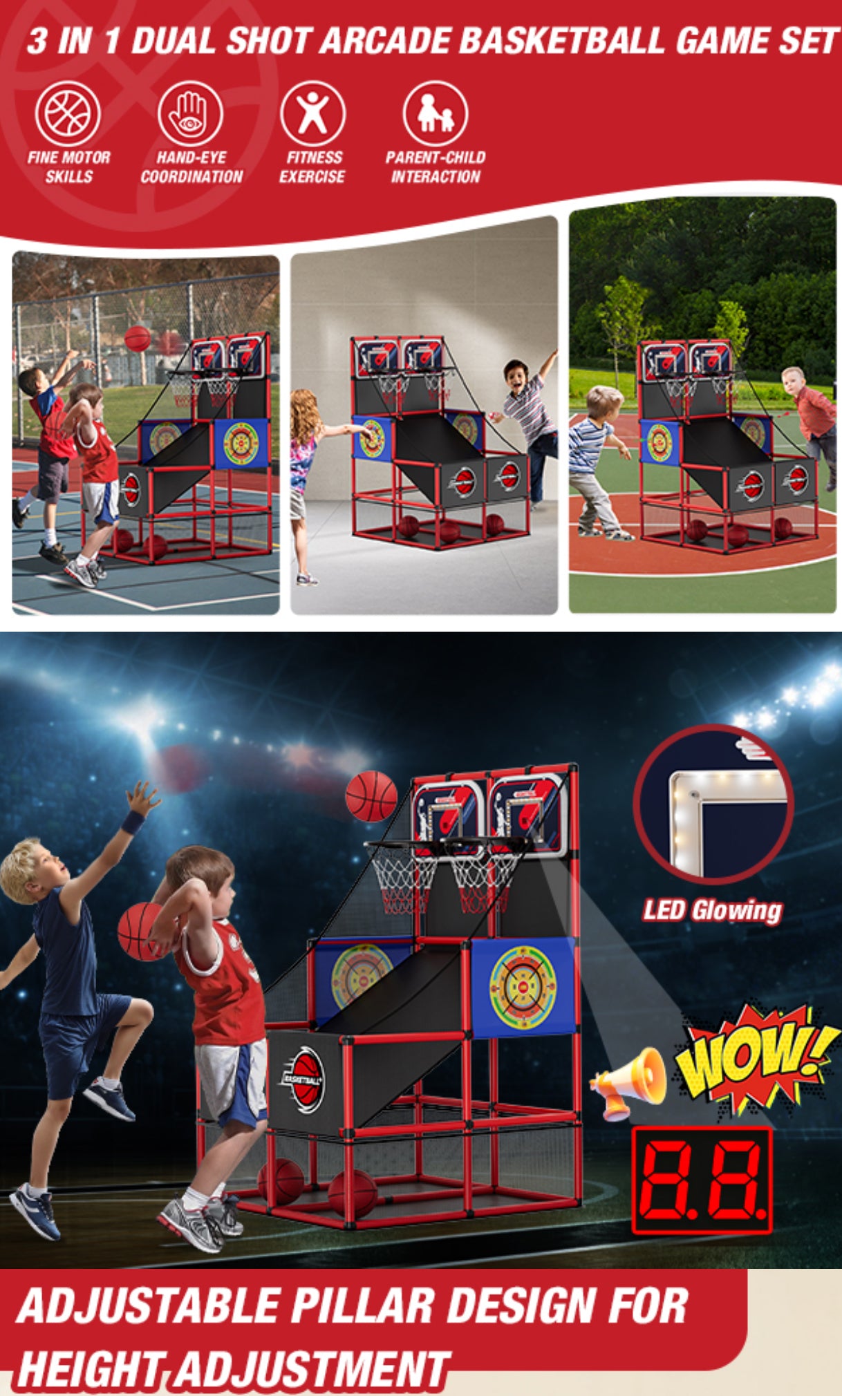 3in1 Kinder Basketball Arcade mit LED & Scoreboard – Indoor Outdoor, höhenverstellbar