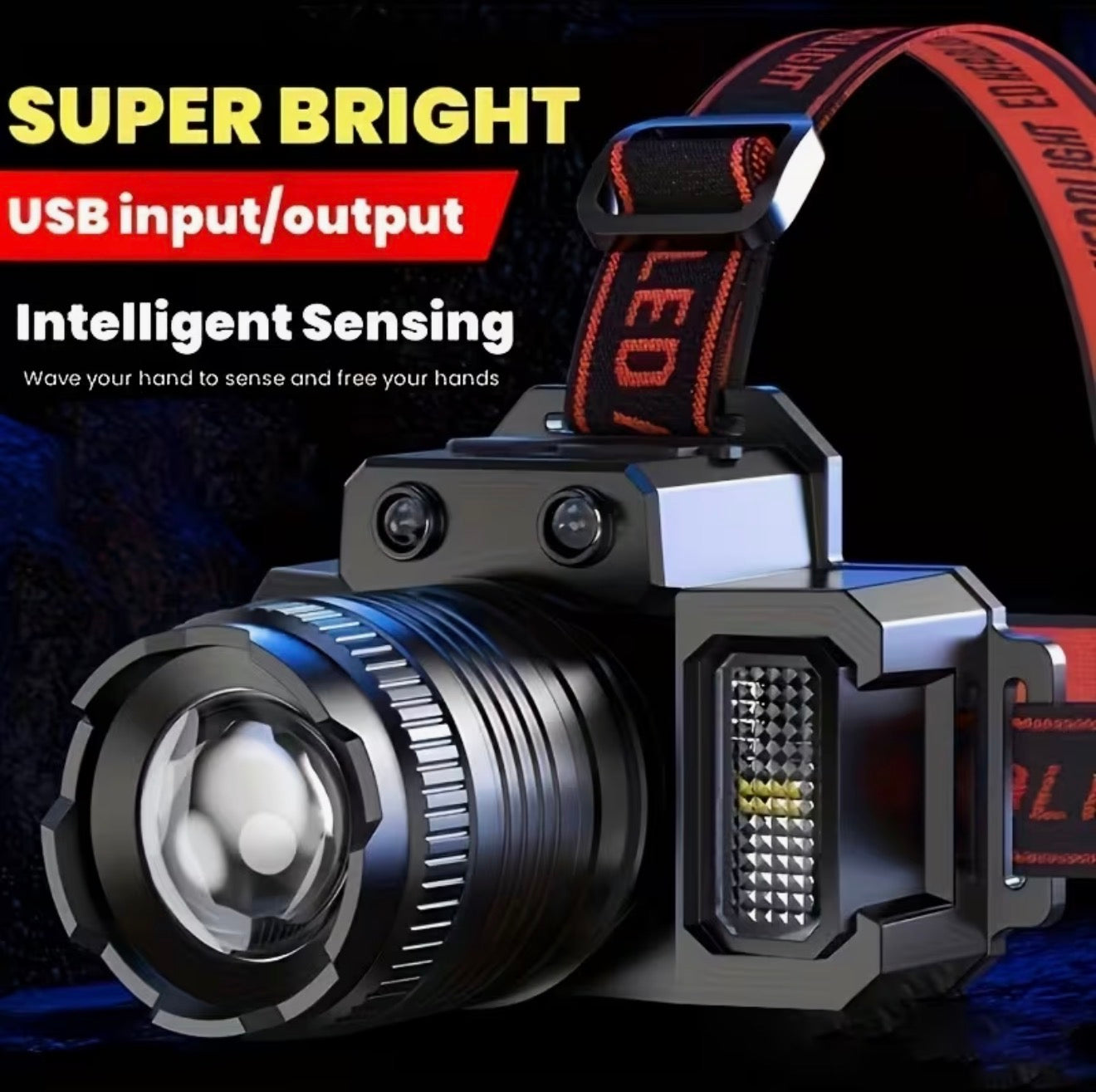 USB Wiederaufladbare LED Stirnlampe, 5LED & Sensor, Zoom, Camping, Angeln & Outd