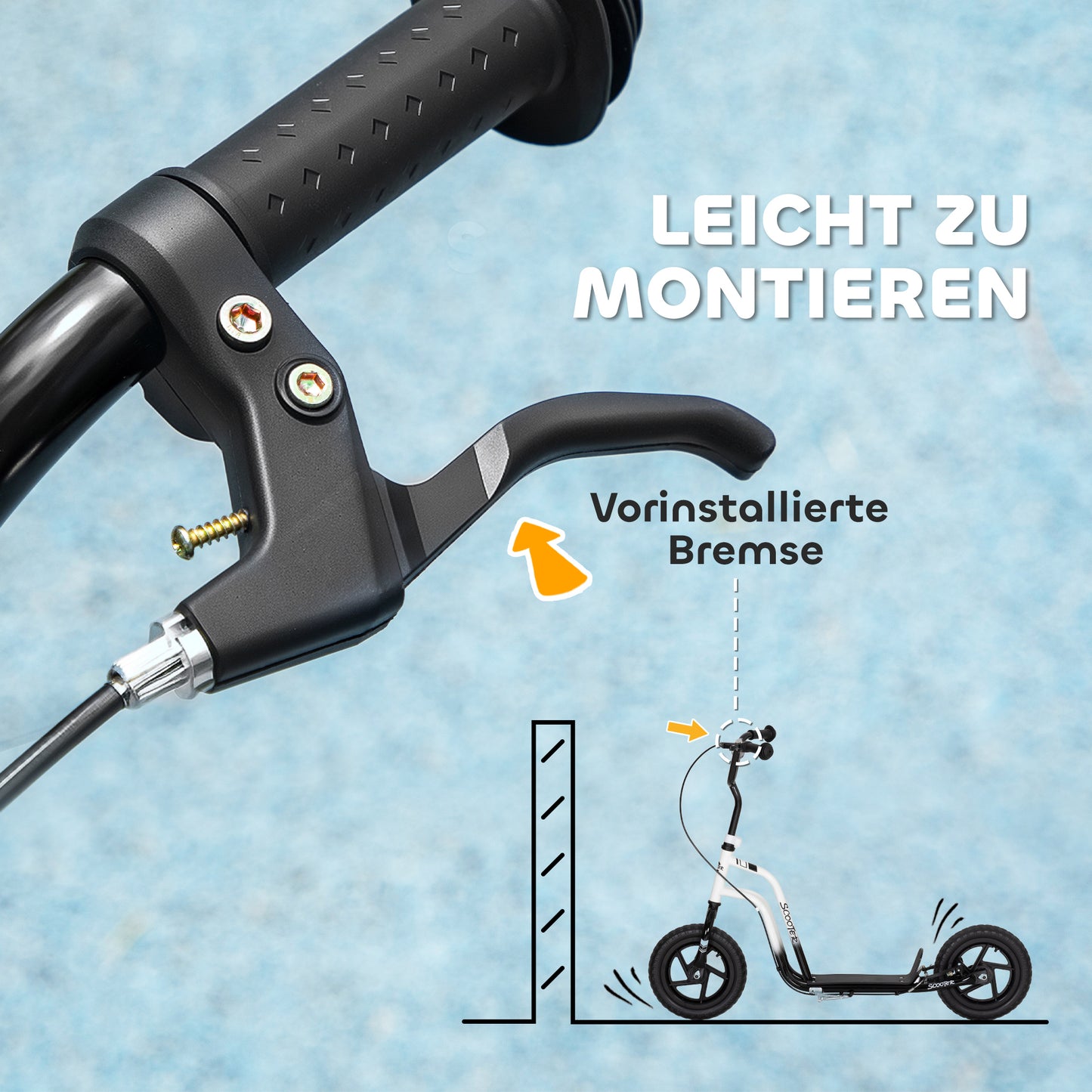 Kinderroller höhenverstellbar 5–12J, 12” Räder, Handbremse, Ständer