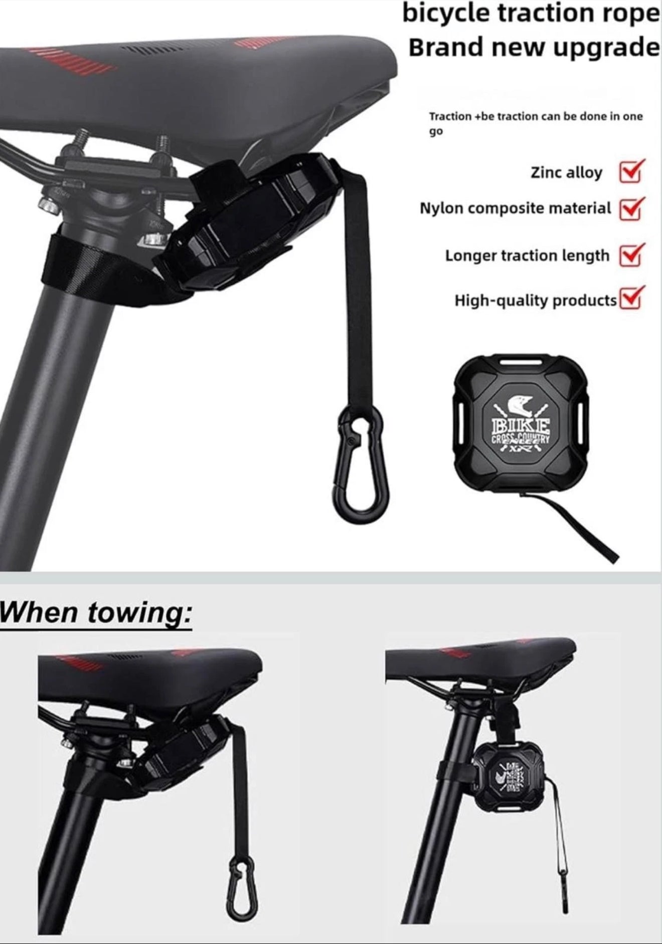 Kinder MTB Abschleppgurt 2,5m automatisch einziehbar – Schwarz 100kg