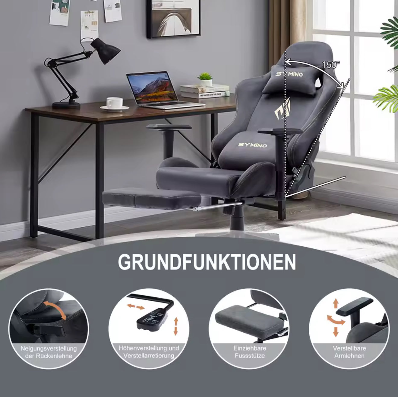 Symino—Gaming Stuhl ergonomisch | PC Stuhl, höhenverstellbar, drehbar, Fußstütze, 4 Farben
