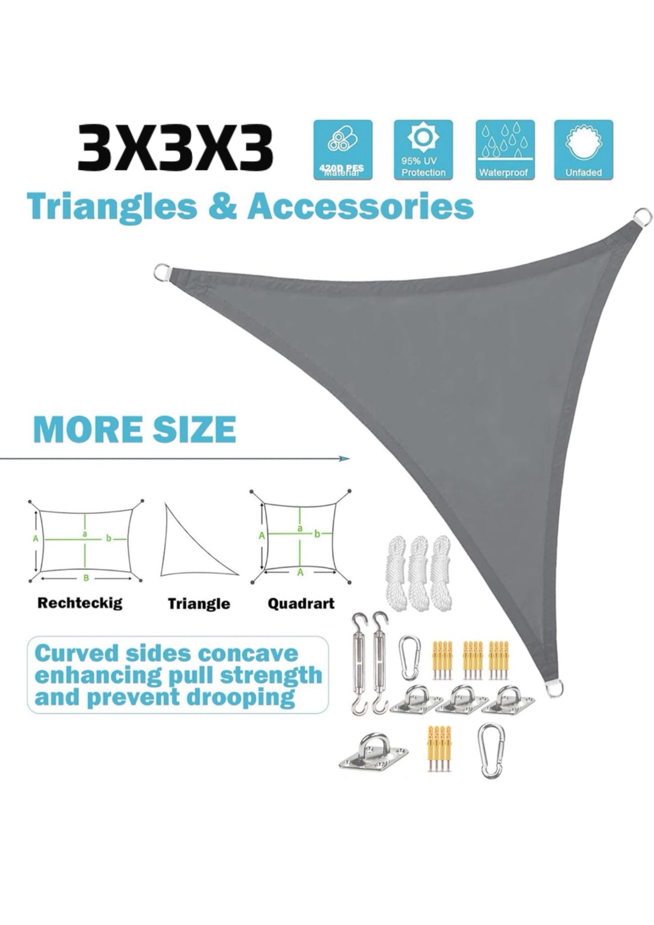 Sonnensegel Dreieck 3x3x3 m Grau – Wasserdicht 420D PES UV-Schutz inkl. Befestigungsset Balkon Terrasse Garten