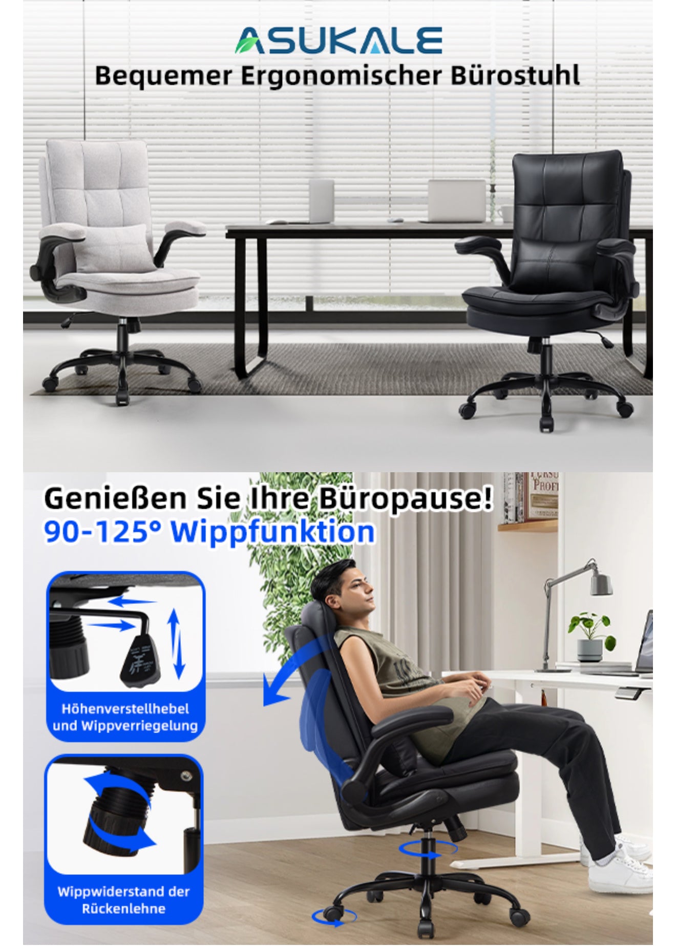 Ergonomischer Bürostuhl | Kratzfestes Kunstleder | Klappbare Armlehnen | 150 kg