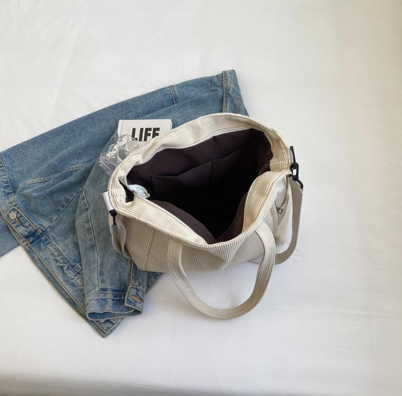 Cord Shopper Schultertasche Hobo Groß Schwarz/Beige mit Reißverschluss + Schlüsselanhänger