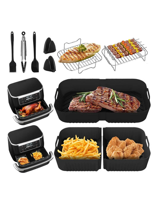 Airfryer Zubehör Set für Ninja Foodi FlexDrawer AF500EU 10.4 L – 16-teiliges XXL Silikon- & Edelstahl-Set mit Ölsprüher + Deckel, Spießen, Grillrost & Küchenhelfer