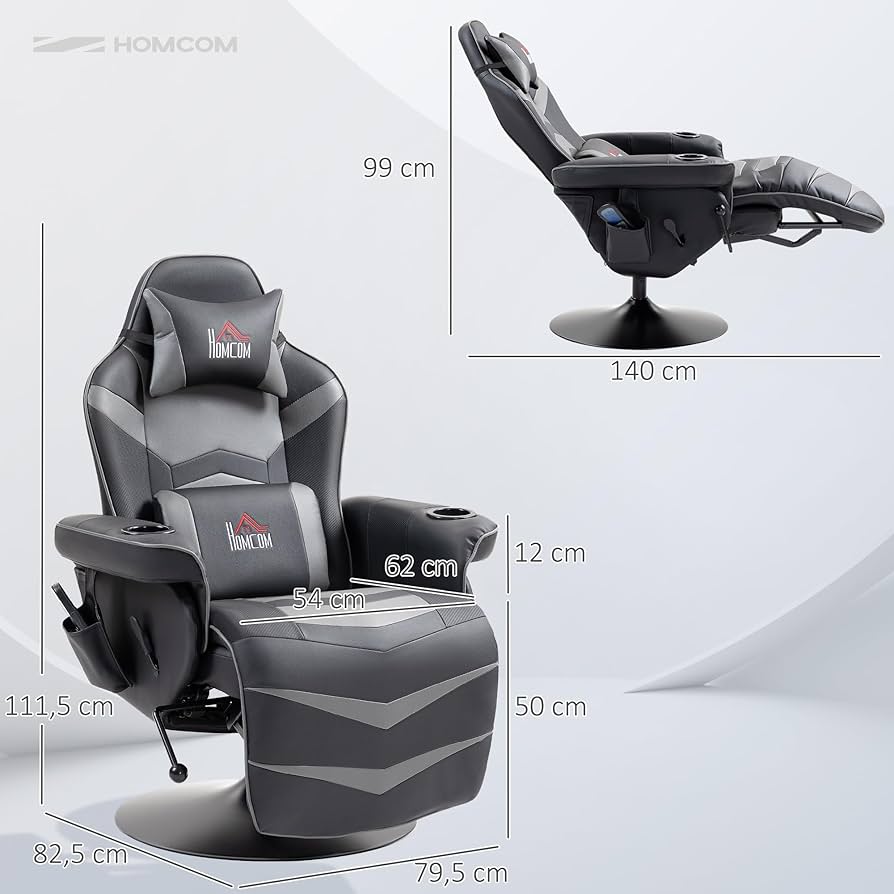 Gaming Massagesessel mit Fußstütze, 150° Lehne, Grau , Rot ,