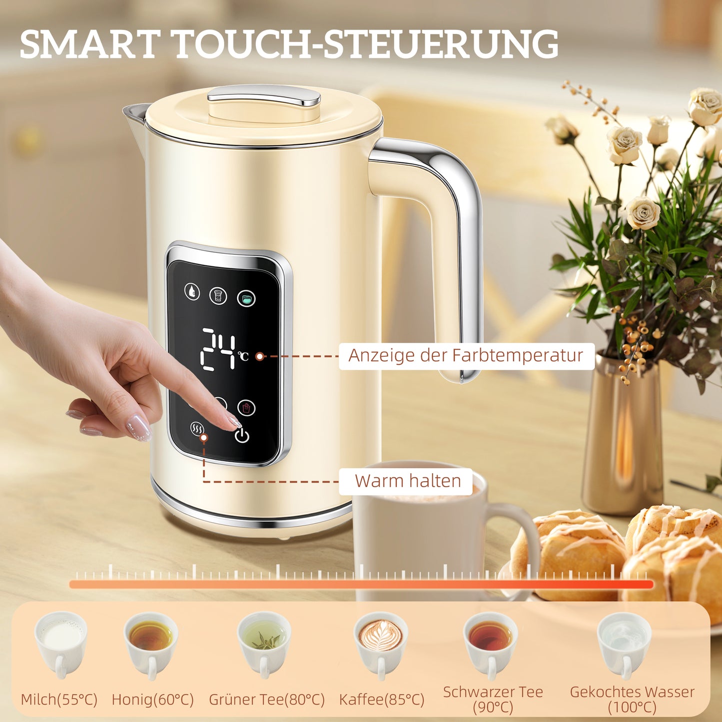 Elektrischer Wasserkocher & Toaster-Set 1,7L LED-Touchscreen Schwarz/Creme