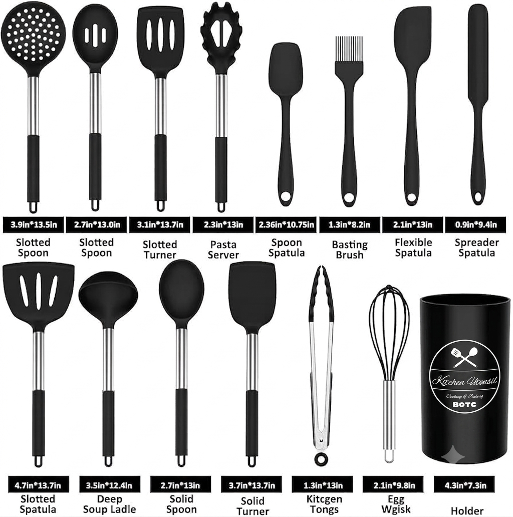 Umite Chef 15-teiliges Silikon Küchenhelfer Set Kochutensilien Schwarz