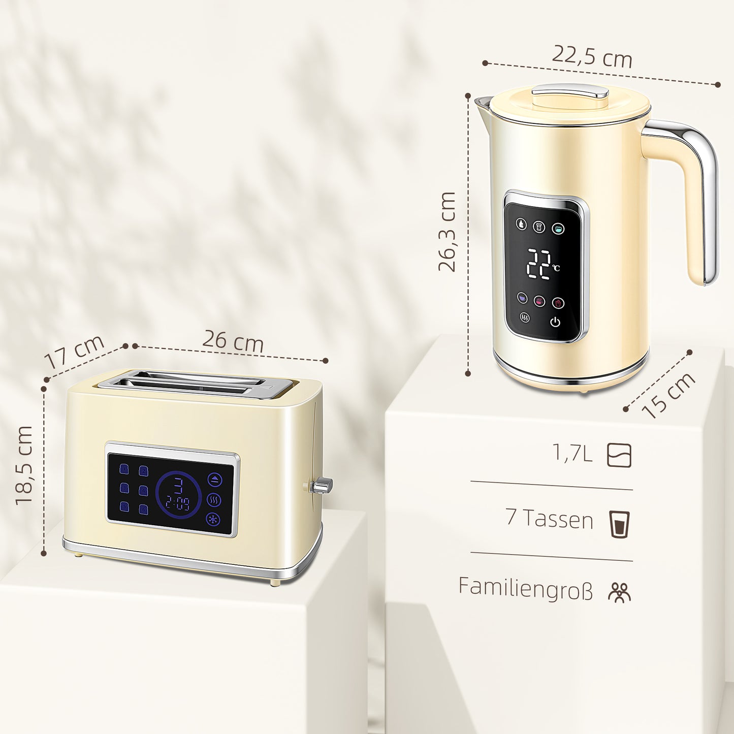 Elektrischer Wasserkocher & Toaster-Set 1,7L LED-Touchscreen Schwarz/Creme