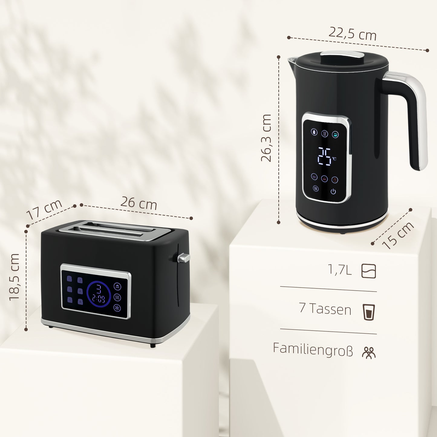Elektrischer Wasserkocher & Toaster-Set 1,7L LED-Touchscreen Schwarz/Creme
