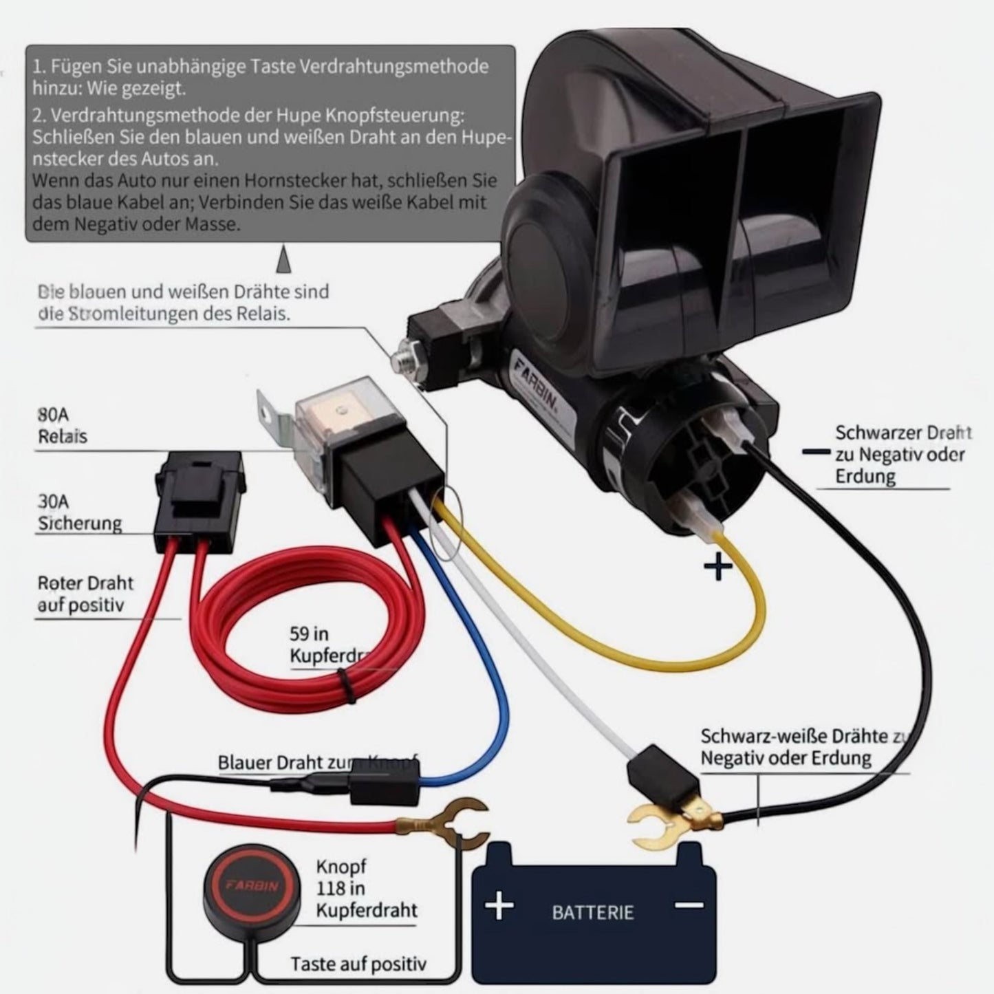 ALTIN™ elektrische lufthupe 12v – kompakte 150db auto hupe mit luftkompressor, inklusive kabelsatz & filter, wasserdichtes design für lkw, suv, motorrad