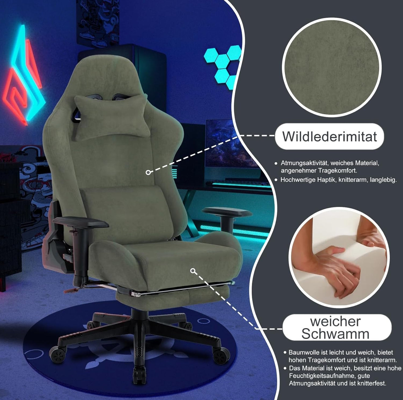 Gaming Stuhl ergonomisch | PC Stuhl, höhenverstellbar, drehbar, Fußstütze, 4 Farben