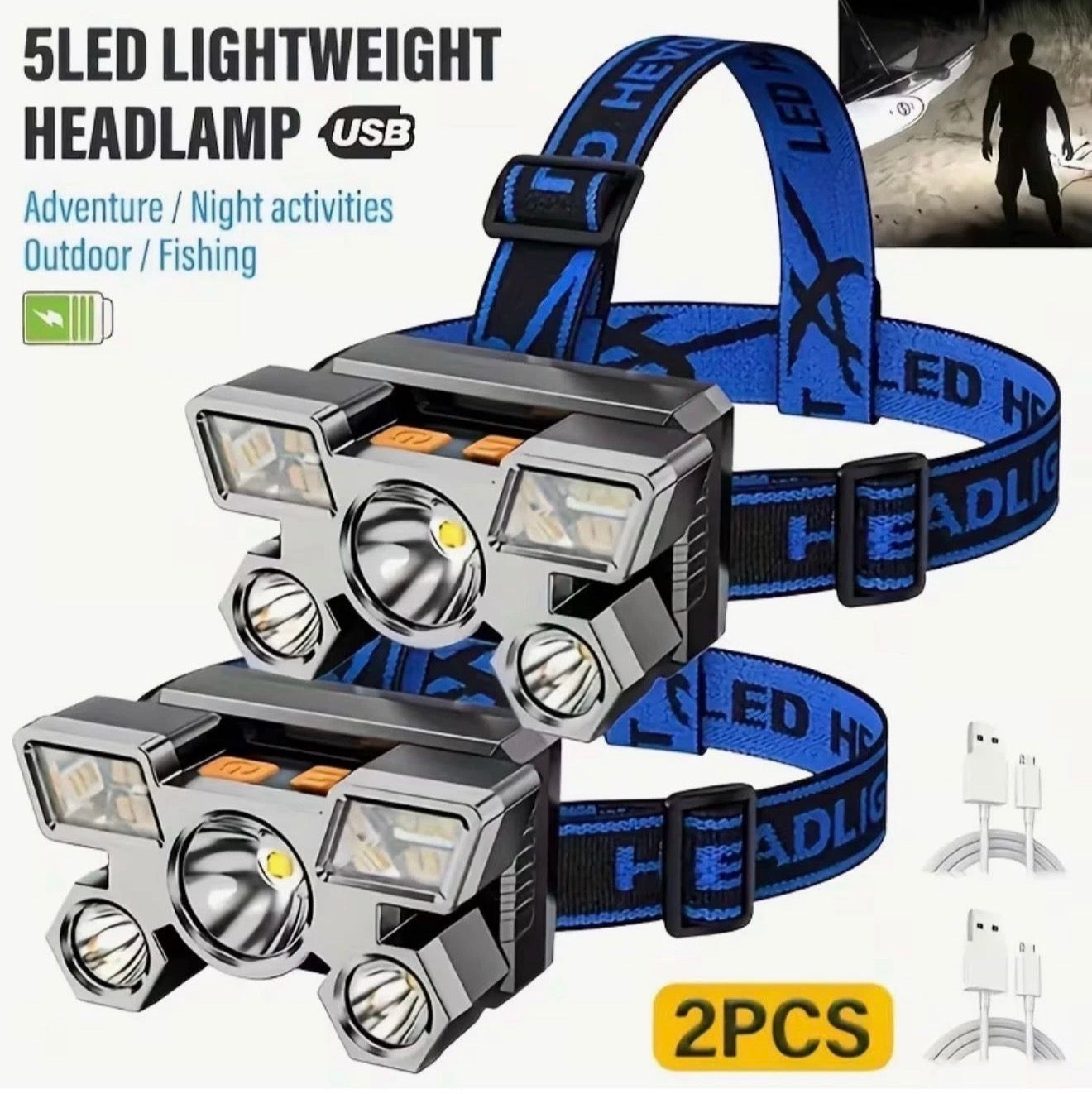 USB Wiederaufladbare LED Stirnlampe, 5LED & Sensor, Zoom, Camping, Angeln & Outd