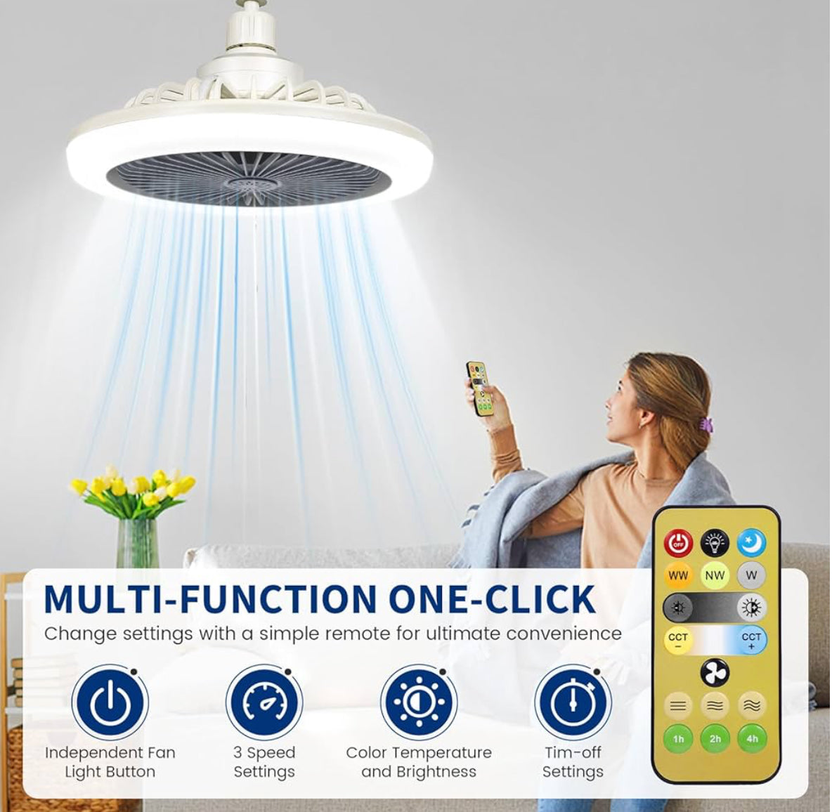 LED Deckenventilator 30W mit Fernbedienung, 3 Farben, Timer, Leise 24,5cm