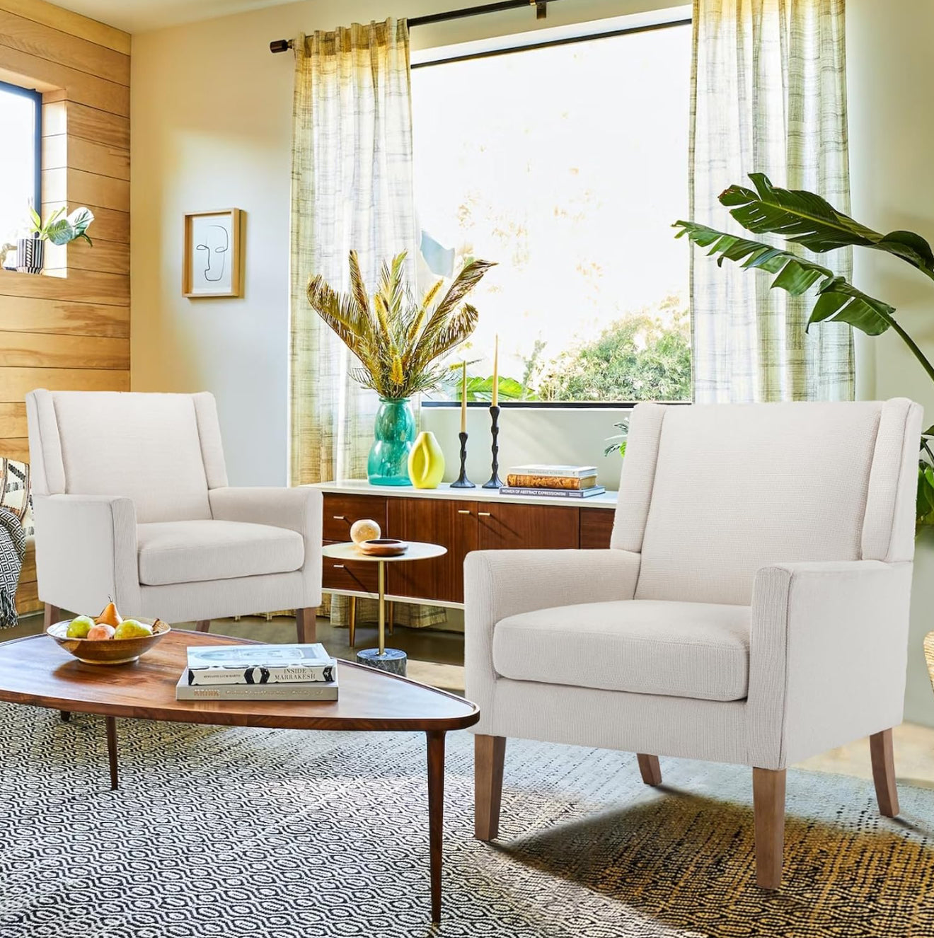 Moderner Akzentstuhl in Beige, Blau, F Blau & Hellgrau – Ergonomisch gepolstert, mit Holzfüßen, hoher Rückenlehne & 150 kg Tragkraft