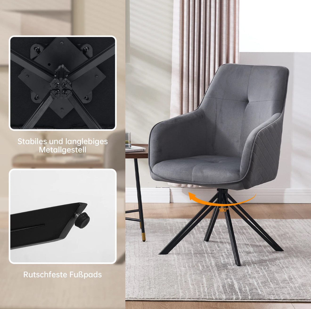 2er Set Drehbare Esszimmerstühle aus Samt – 180° Selbstrückstellung, Kapitoniertes Design – Grau oder Weiß – Kostenloser Versand