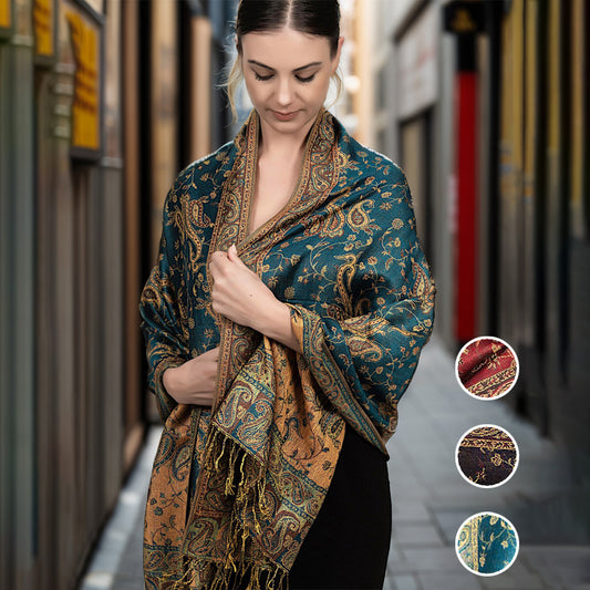 ALTIN™ Jacquard Ethno Schal mit Paisley-Muster – Fransen & weiches Gewebe | 175 cm+ | Perfekt für Herbst, Winter & jede Jahreszeit